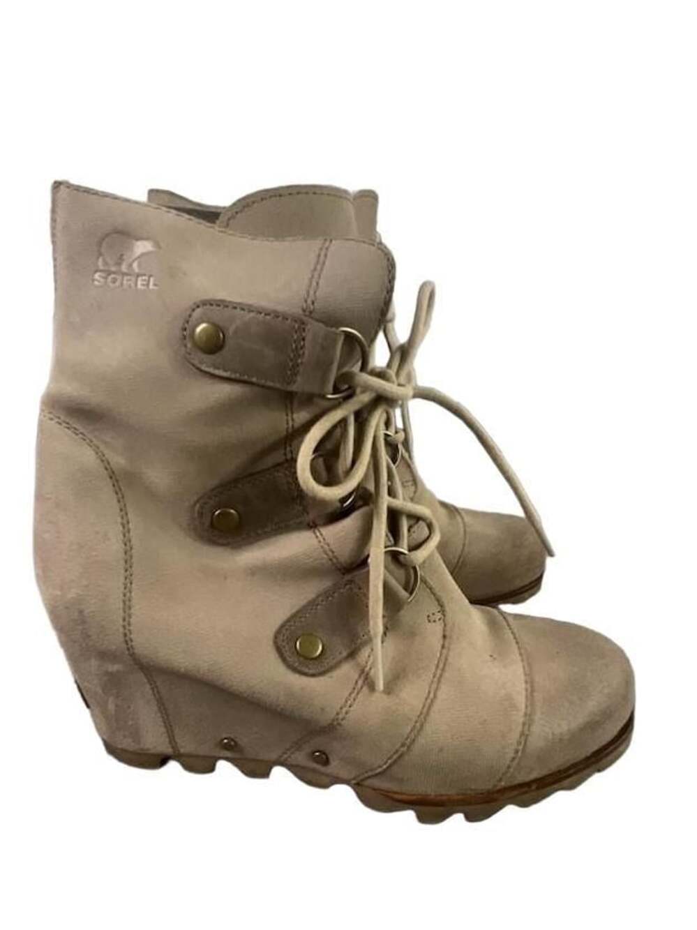 Sorel Joan Of Arctic Wedge Mid Boot Beige Canvas Lace Up. Need TLC